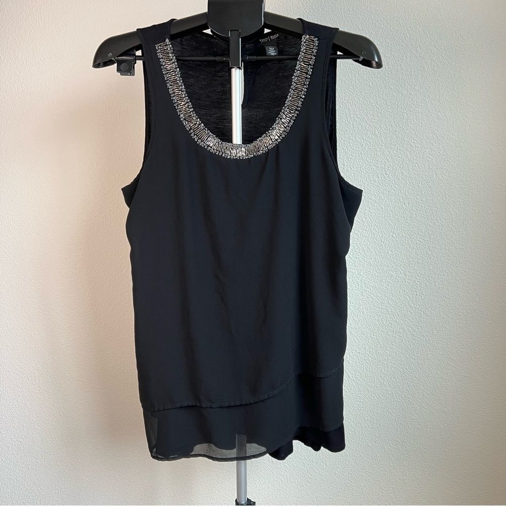 White House Black Market Beaded Sleeveless Blouse‎ Womens L Black Layered Tank